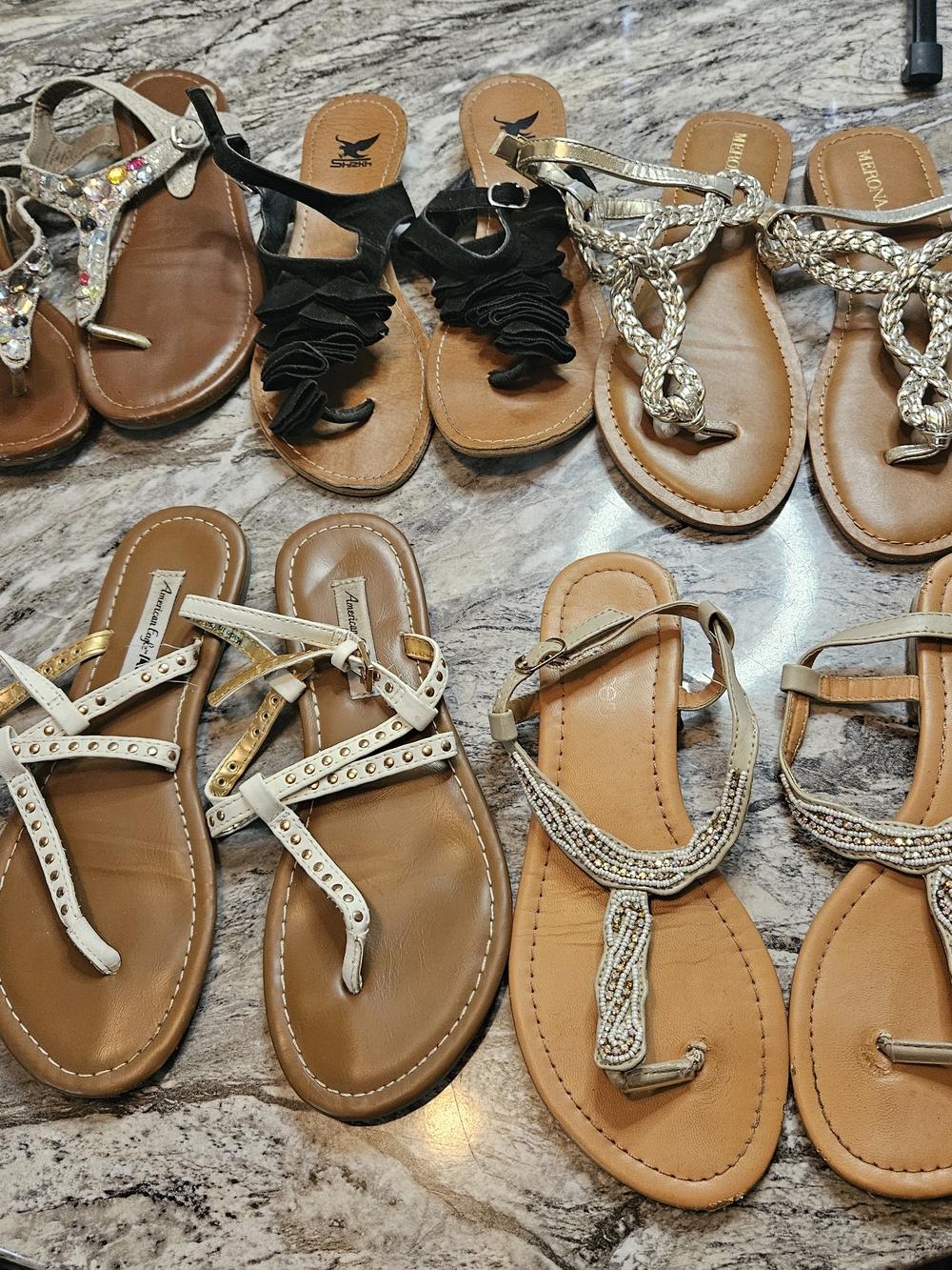 Bundle 5 Pairs Aeropostale Tan and Gold Braided T-Strap Sandals